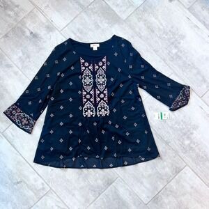 NWT Style & Co Women's Globe Trotter Embroidered Black Top Blouse Size‎ L